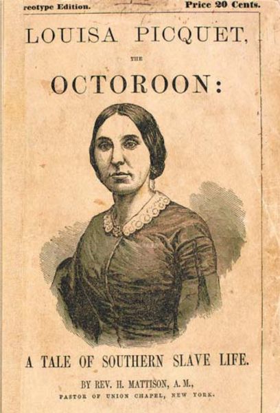 Ink drawing of Louisa Picquet from the waist up with title text above and below her image.