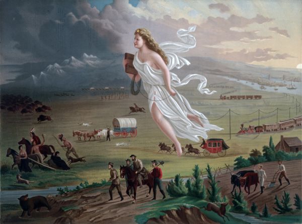 Nineteenth-century painting prominently depicting a flying woman garbed in white moving from the right to the left; in the background men in pioneer garb push Native Americans further to the left.